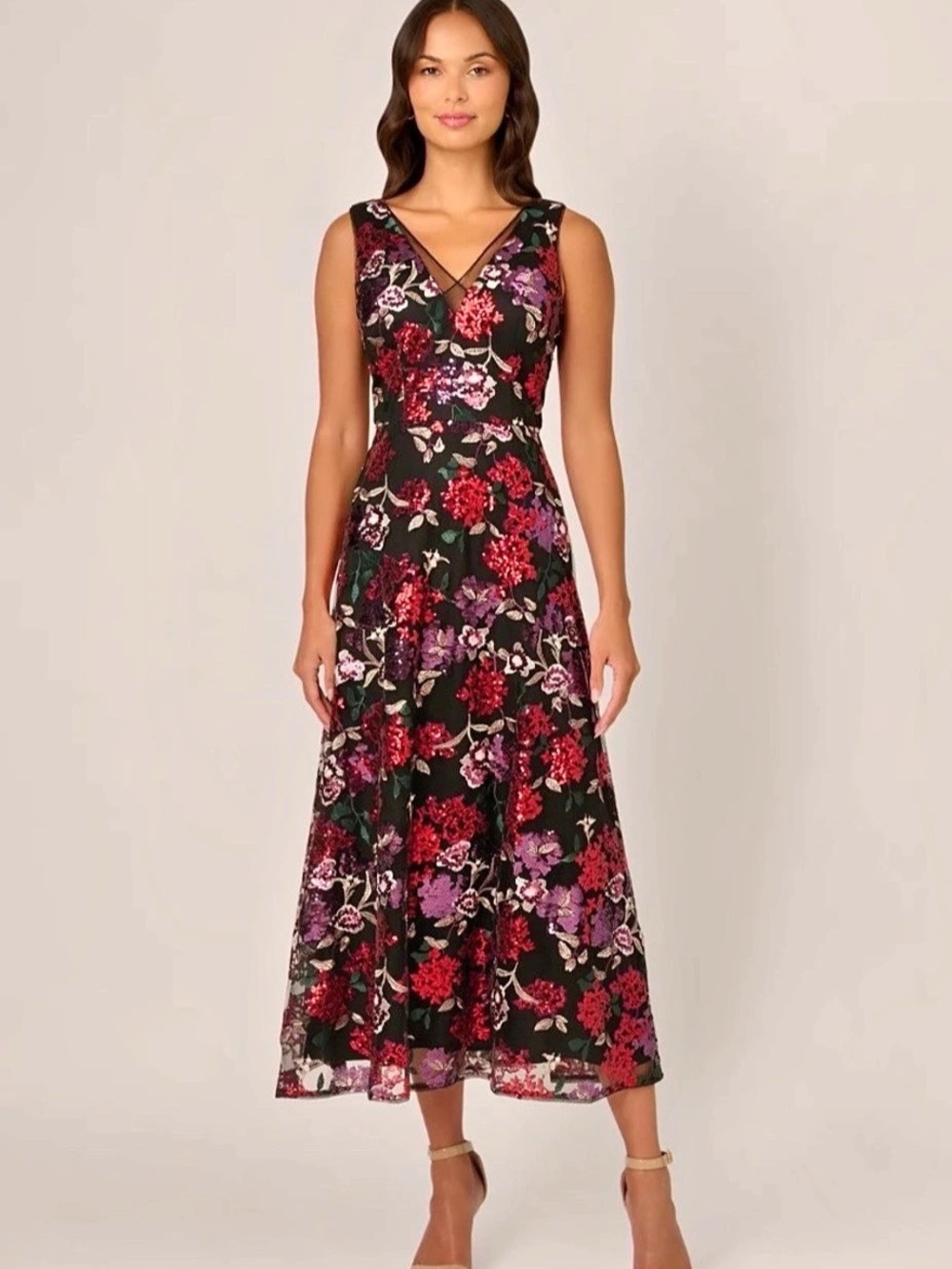 Adrianna Papell Floral Sequin Ankle Dress Black Multi Size 10